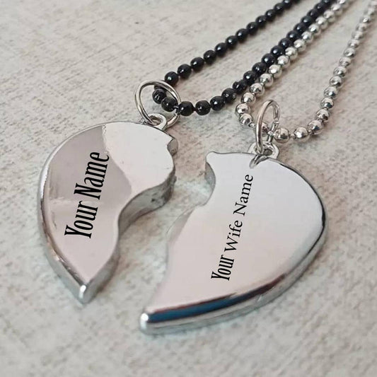 Broken Heart Silver Locket with Black and Silver Chain Necklace for Lovers and Best Friends